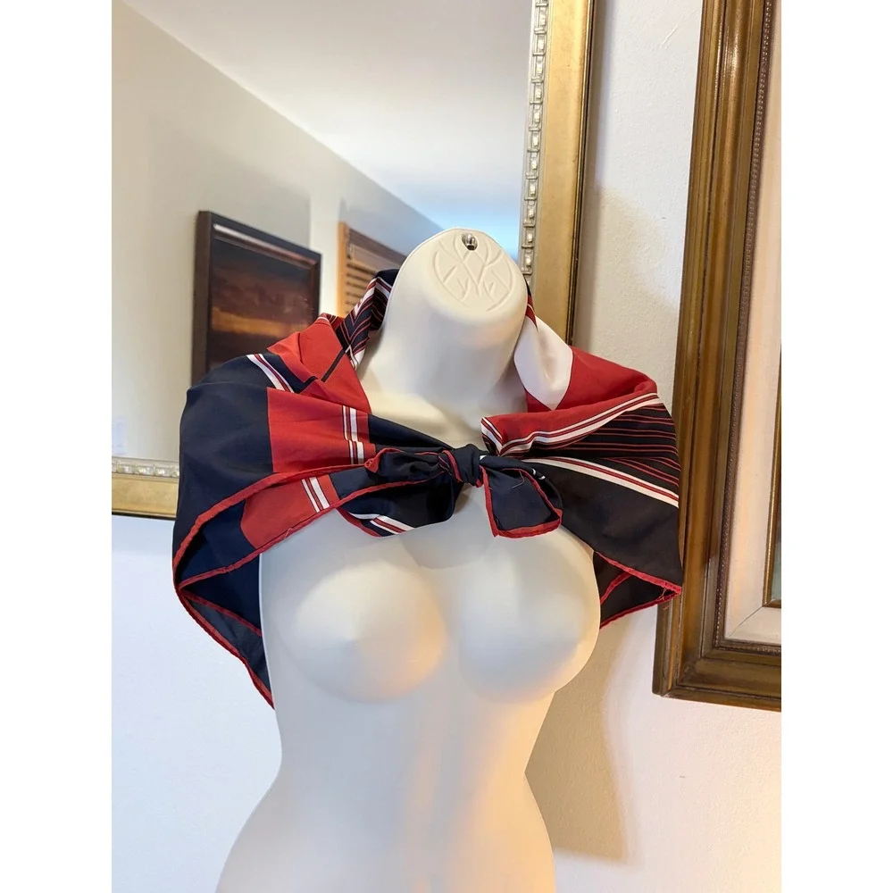 Leonardi Scarf Navy Blue Red White Geometric Square Vintage 30x30